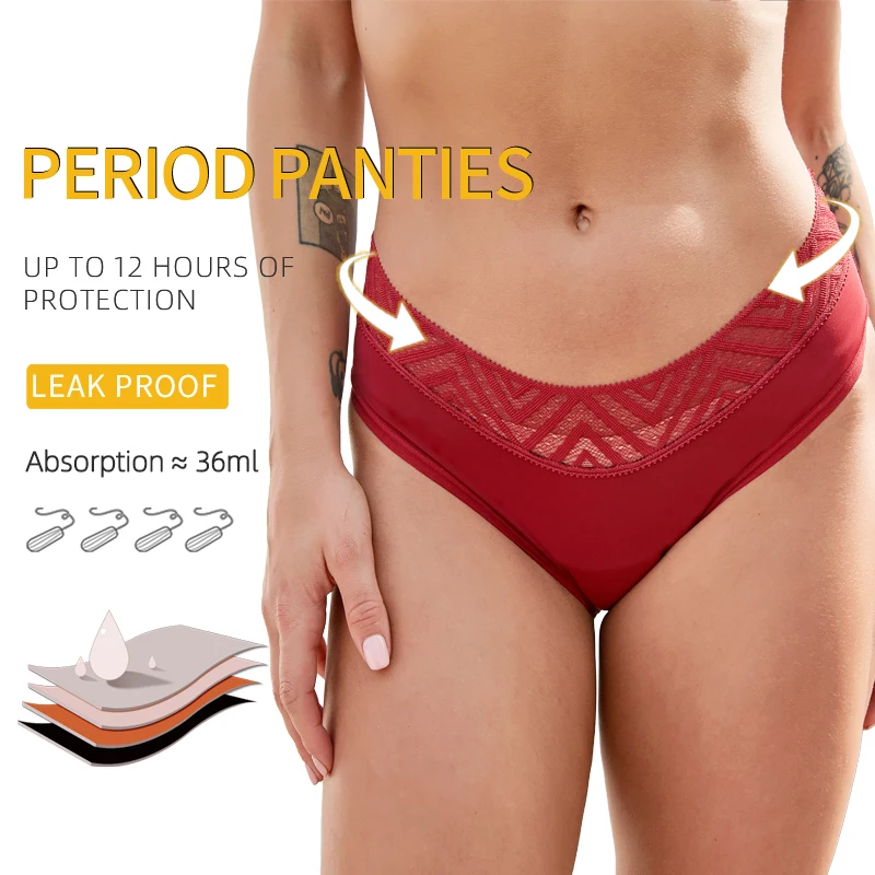 

4-слойные менструальные трусики из органического хлопка, приятные для кожи треугольные трусики с низкой посадкой, аморбирующие трусы с кружевной отделкой, нижнее белье для периода