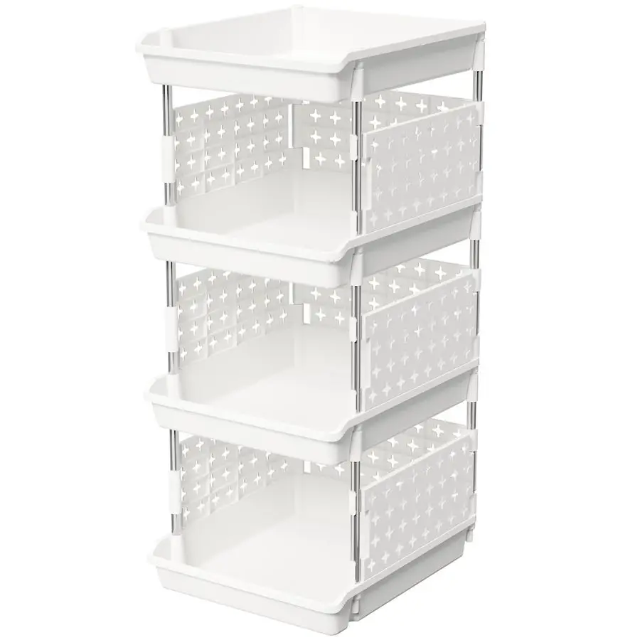 Plastic Stackable Storage Baskets, 4 Tier Stacking Bins for Food and Clothes, Multifunctional Organizer for RV, Kitchen, Playroo
