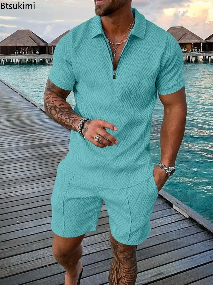 Summer Men Clothing Casual Loose Two-piece Sets Printing Solid Color Half Zipper Polo Shirt and Shorts Men's Sport Suits Sets