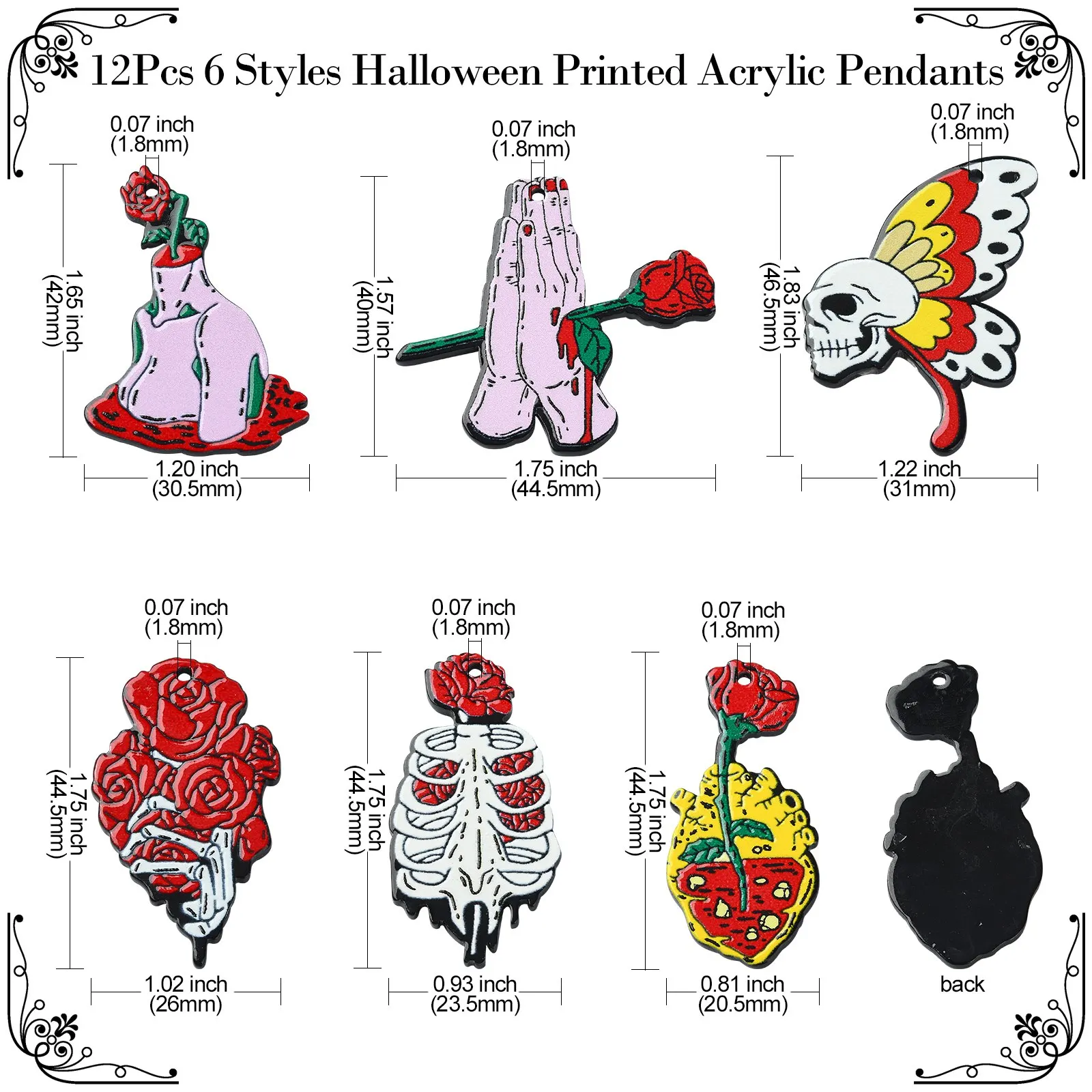 Pandahall 12Pcs Mixed Styles Halloween Theme Acrylic Skull Butterfly Charms Gothic Bleeding Rose Heart Charms for Jewelry Making