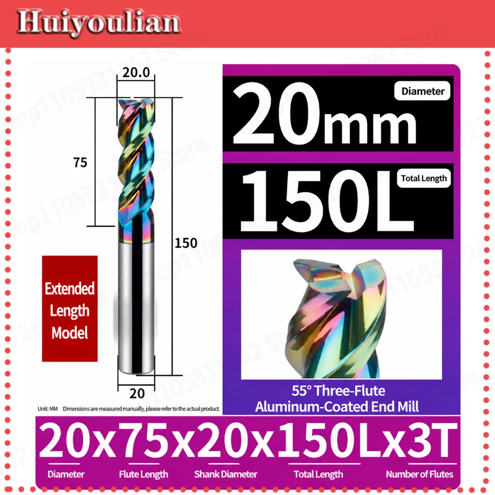 20x75x20x150Lx3T Solid Carbide Flat End Mill Coated for Aluminum CNC Router Bit Long Reach Square End Mill