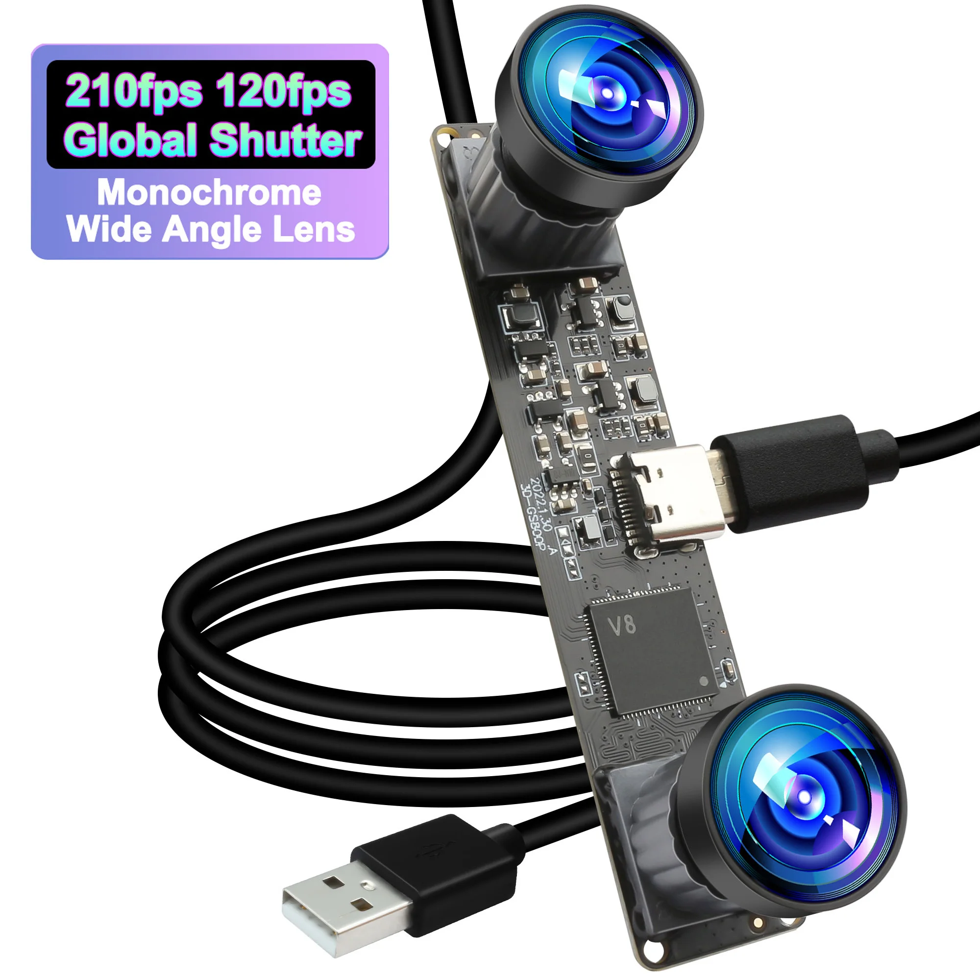 Caméra USB à double objectif Fisheye stéréo 3D monochrome 800P OV9281 CMOS 210fps 120fps 2560x800 Webcam haute vitesse pour PC, Raspberry Pi