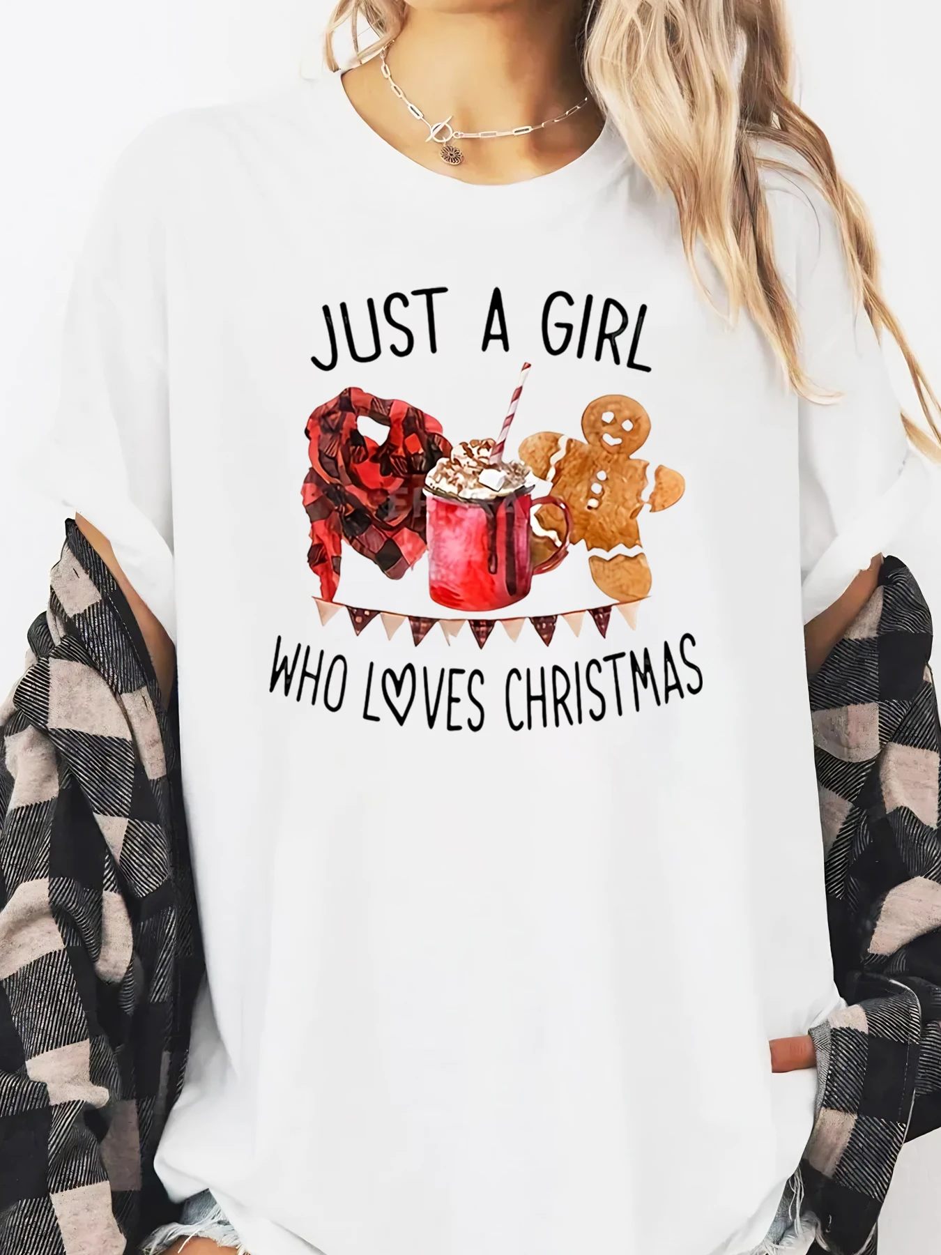 

Just a Girl Who Loves Christmas Print Christmas T-shirt Women Casual Holiday Outfit White Plus-size