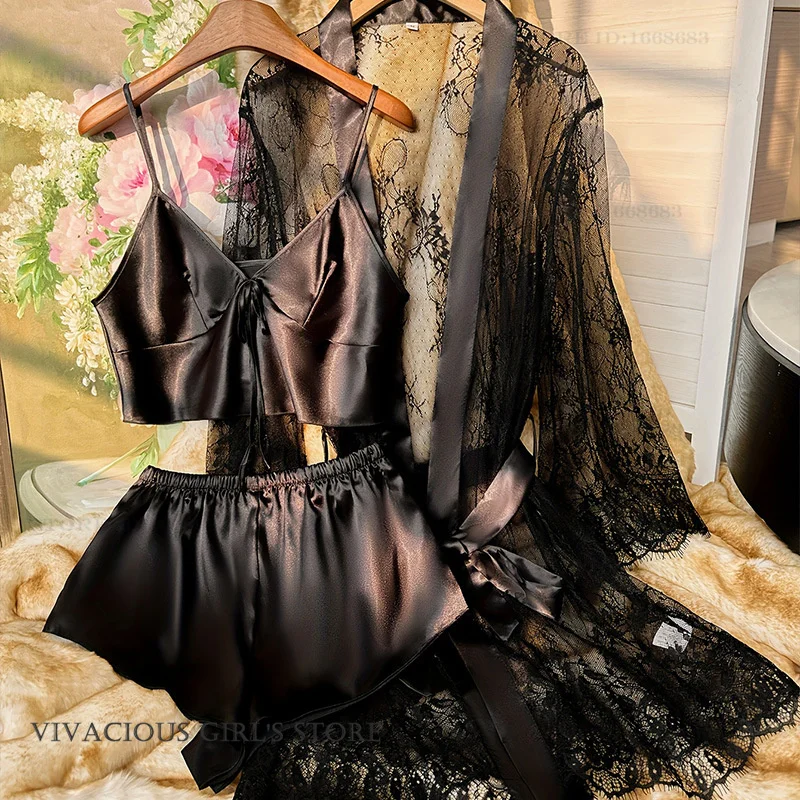 

Sexy Lingerie Women 3Pcs Pajamas Set Sleepwear Perspective Lace Robe Cami Shorts Pijamas Suit Summer New Homewear Loungewear