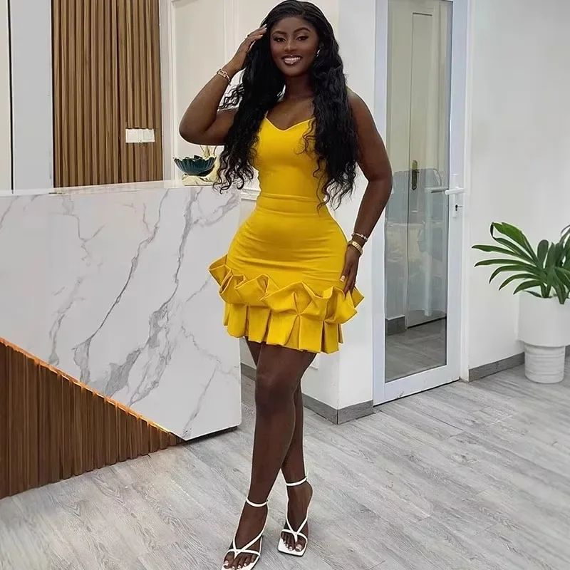 Sexy Spaghetti Strap V-neck Party Mini Dresses Woman Night Club Sleeveless Sheath Backless Ruffles Hem Bodycon Dress Birthday