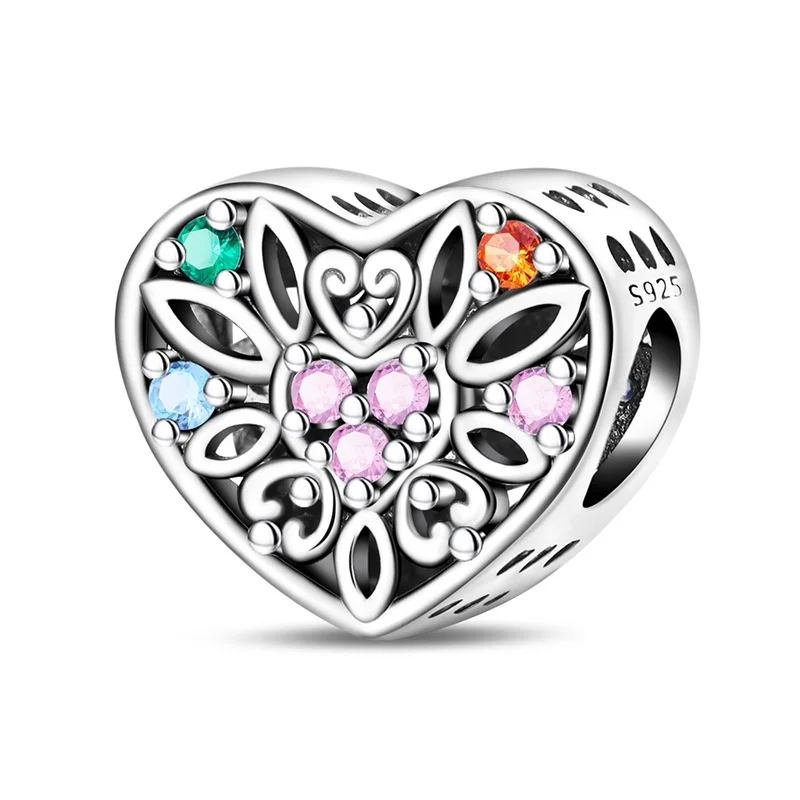 

925 Sterling Silver Printed Heart Shape Charms Beads For Women Fit Original Bracelet DIY Birthday Party Jewelry Gifts