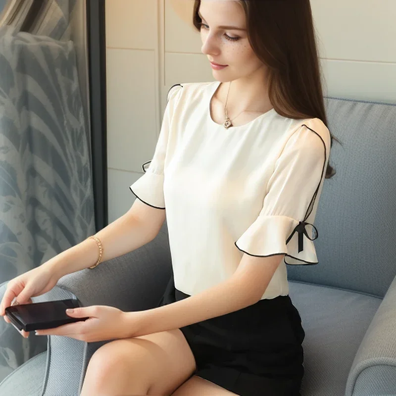 Summer Chiffon Women Blouse Short Sleeve Sweet Elegant Tops Fashion Casual Blouses Bow Clothing