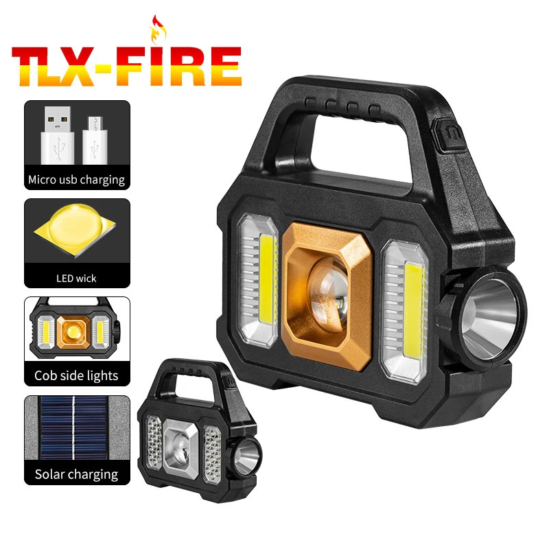 Multifunctional Searchlight Near And Far Light Fishing Outdoor Lighting Solar Power Charger Strong Light Cob Portable Flashlight