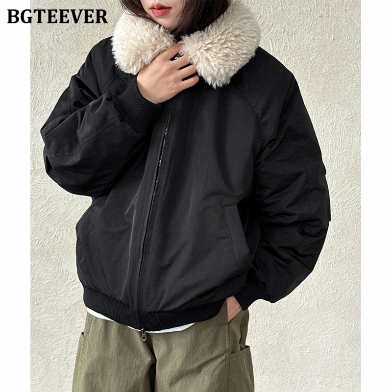 BGTEEVER Eleganckie Jesienno-Zimowe Kurtki Damskie z Luźnymi Kieszeniami, Zapinane na Zamek, Codzienne Kurtki z Długim Rękawem, Kołnierzem, Grube i Ciepłe Płaszcze Damskie