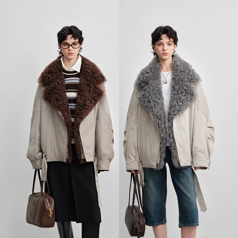 YOLANFAIRY الخريف والشتاء 90 الأبيض أوزة أسفل الفراء سترة انفصال لامب طويلة الأكمام الفراء طوق معطف الصوف شوهابا اغنائية 2025
