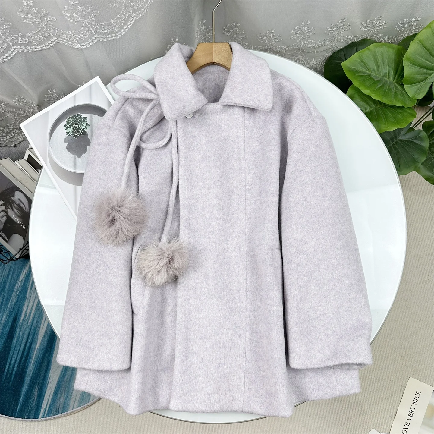 

Elegant Korean Style Women's Outerwear Purple Lotus Loose Fit Coat Long Sleeve Button up Slimming Medium Length Coat