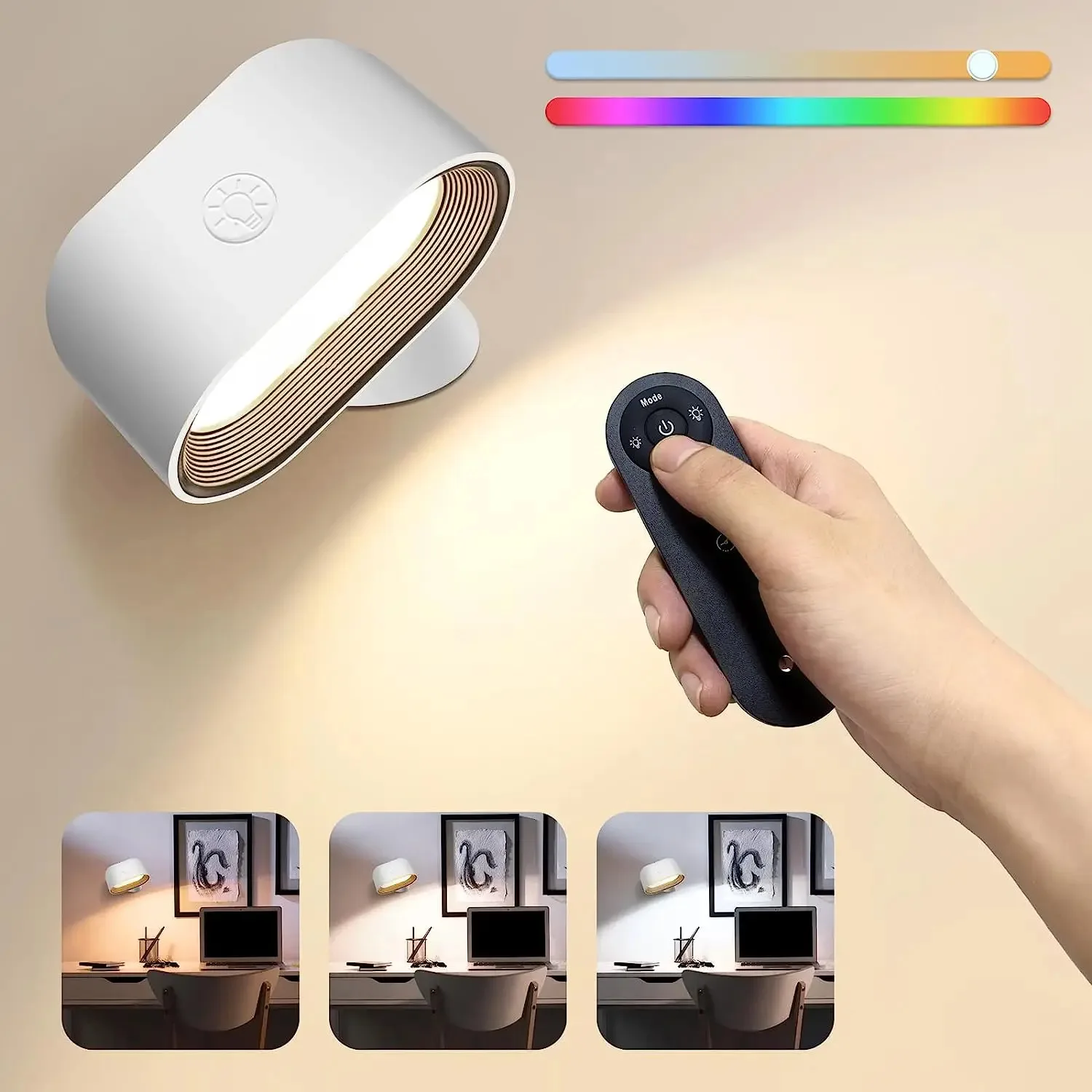 

Remote Control Wall Light, Touch Night Light, 360 Degree Rotation, Bedroom Bedside Light, RGB Color Change, Dimmable