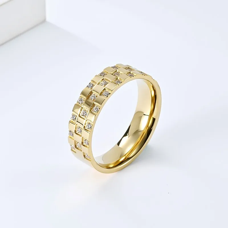 6mm Stainless Steel Pave CZ Checkered Pattern Ring Wedding Band for Men Women Size 6-12