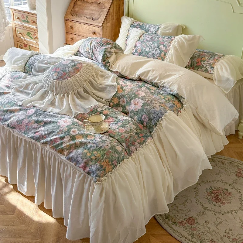 French Retro Bedroom Floral Long Staple Cotton Four Piece Set Princess Style Pure Cotton Edge Duvet Set Bed Skirt Style