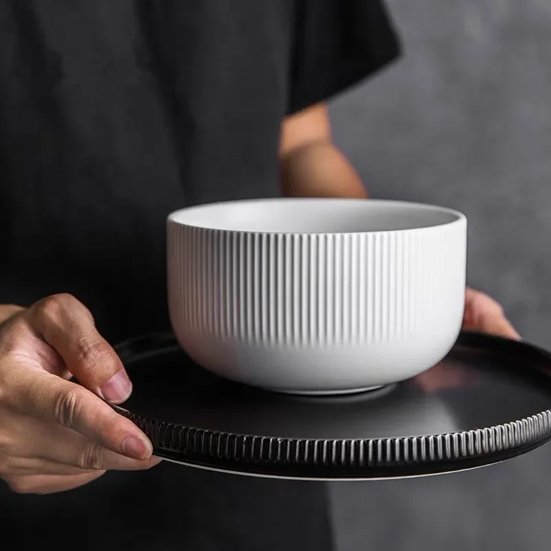 Nordic Black White Matte Ribbed Ceramic Dinnerware Set Dishes Salad Soup Bowl Flat Plates