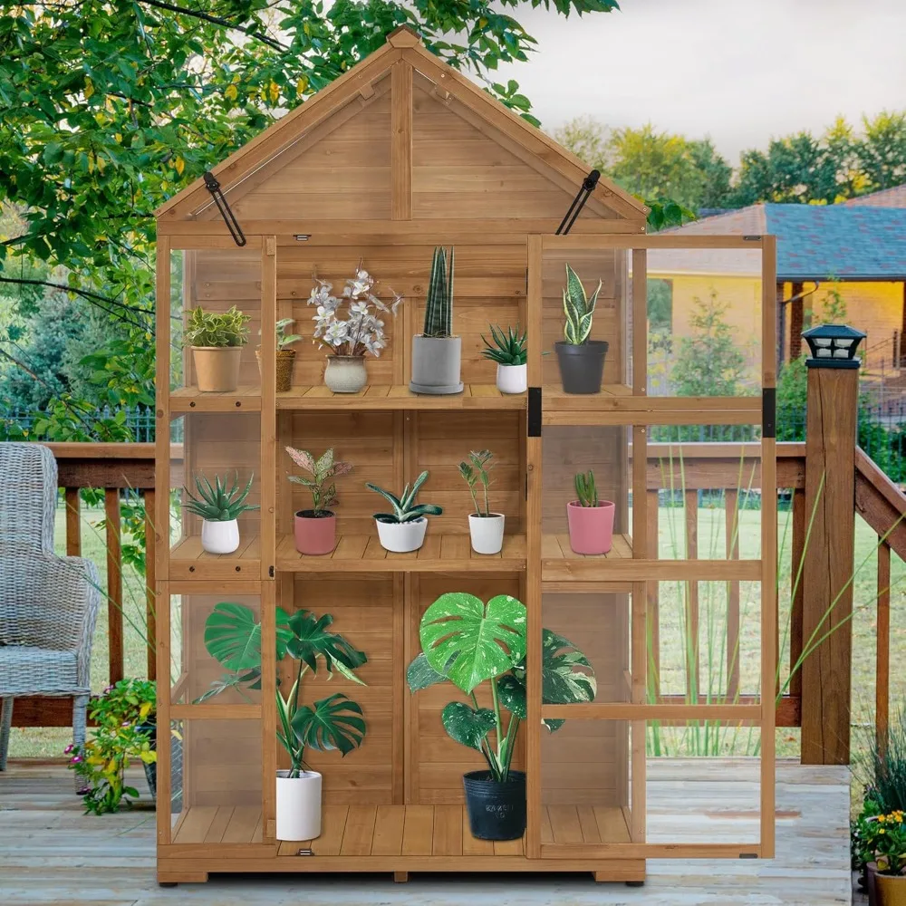 Wooden Greenhouse,Outdoor Gardening Polycarbonate Greenhouses with Openable Roof Vent and Adjustable Shelves, Natural Greenhouse