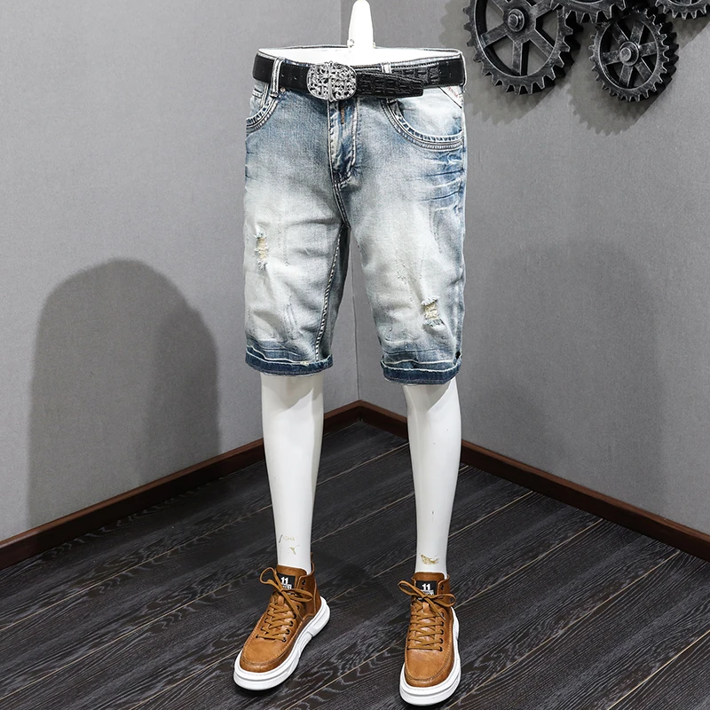 

Ripped Denim Shorts Men's Nostalgic Retro Slim Fit Korean Style Street Style Trendy Scrape Personality All-Match Casual Shorts