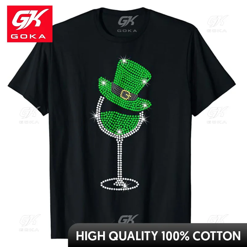 Rhinestone Wine Glasses Drinking St Patricks Day Girl Women T-Shirt Funny Drinker Party Graphic Tee Tops Short Sleeve Blouses