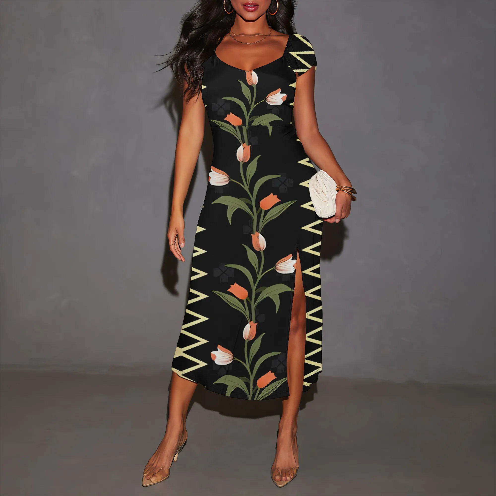 

Nupusa Black Orange Tulip Geometric Print Dress for Women Regular Size Casual Square Neck Short Sleeve Split Midi Dress