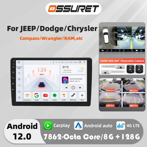 Autoradio Carplay Android Auto 10.1 pouces, pour Jeep Compass Wrangler Grand Cherokee Commander Liberty /Chrysler 300C /Dodge RAM stéréo