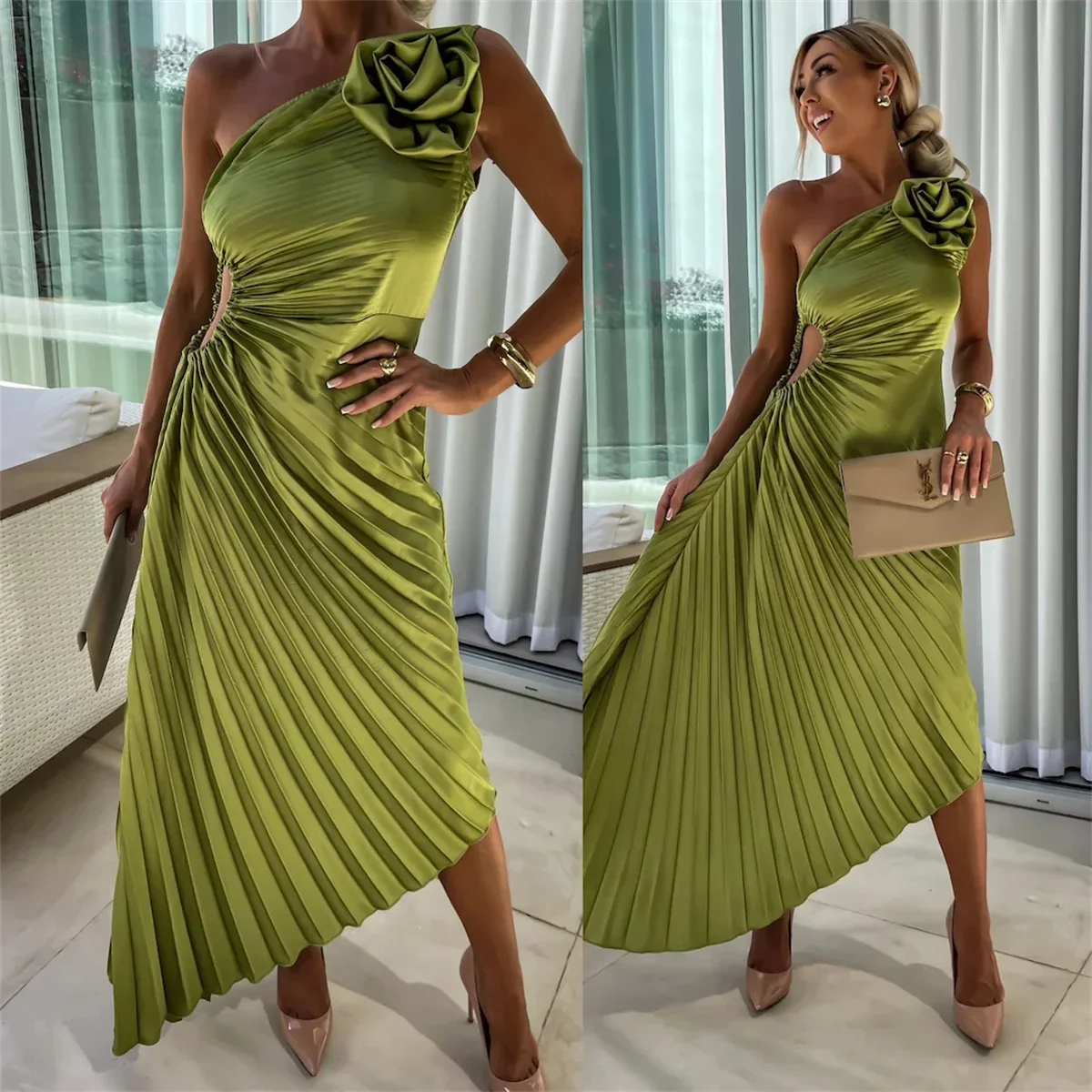 

Sexy One Shoulder Hollow Out Asymmetric Dress Female Solid Color Slim Fit Evening Dress Elegant Slant Collar Pleated Beach Dress