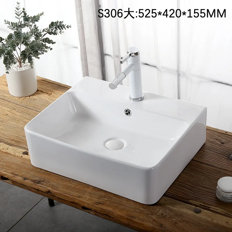 

S306 Bathroom Countertop Basin Balcony Washbasin Ceramic Hand Wash Sinks White Art Basin Square Bathroom Sinks 520*420*155mm