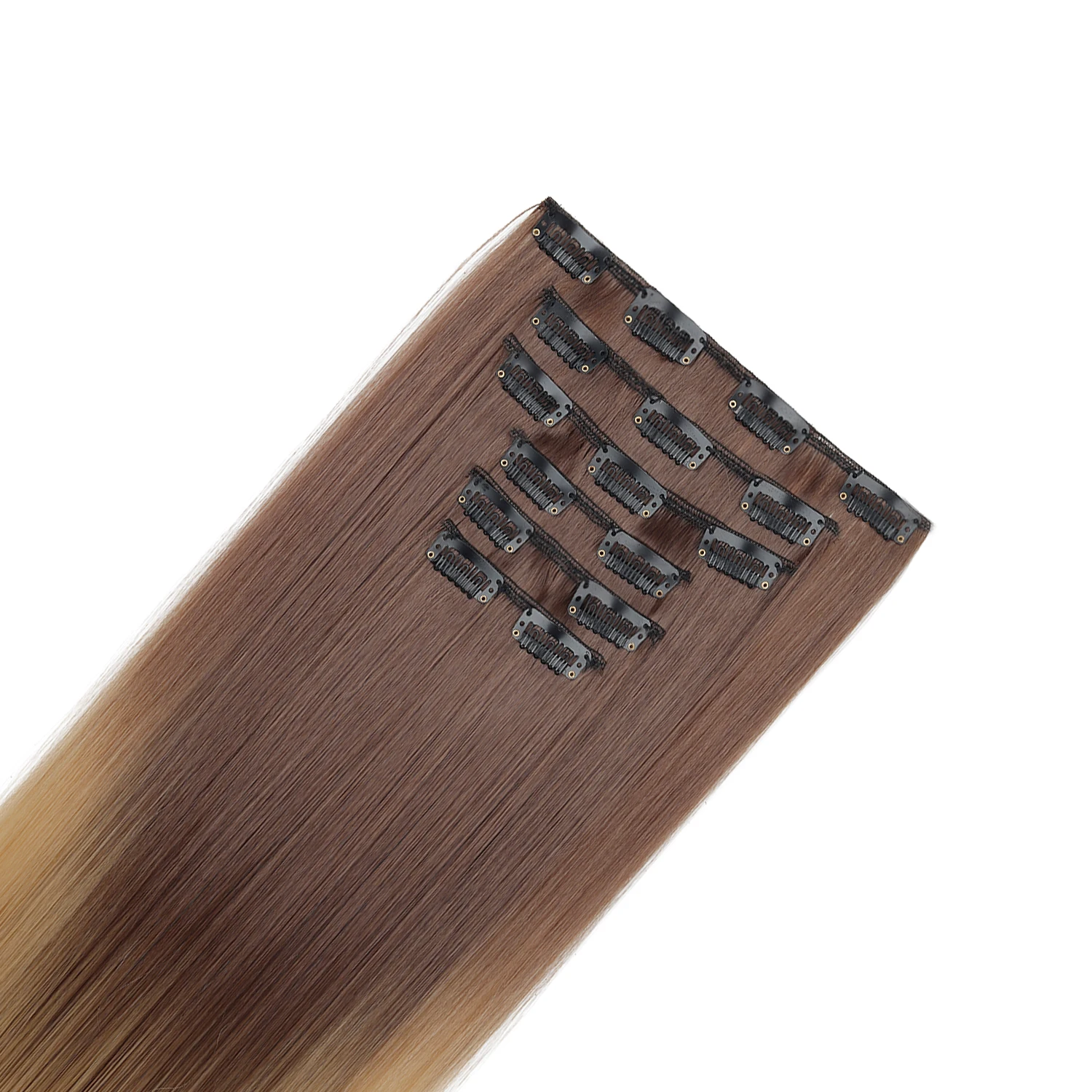 Ekstensi Rambut 6 Buah/Set Rambut Jepit 24 Inci Panjang Lurus Tebal Sintetis Coklat Ombre Seluruh Kepala Mudah Dipakai untuk Wanita