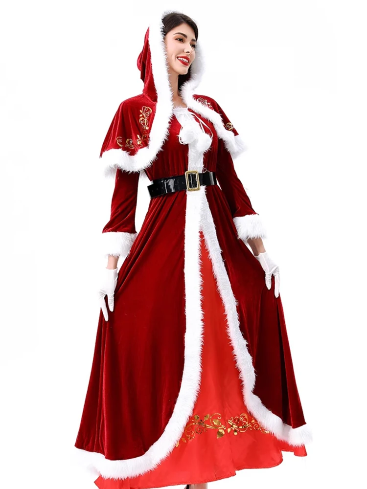 

Womens Mrs. Claus Costume Adult Women Deluxe Christmas Party Role Play Mrs. Claus Costume Long Dress Dress Red Velvet