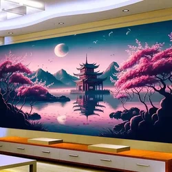 Large 5D DIY Diamond Art Painting Japanese Landscape Sakura Mountains Sun Full Diamond Mosaic Creative Hobbies Wall Decor