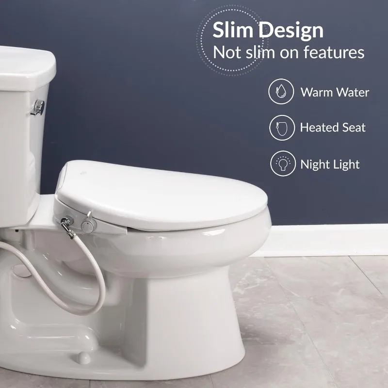 BB500 Low Profile Electric Bidet Toilet Seat, Warm Water, Slim Heated Seat with Smart Sensor and Slow Close Lid, Night Light