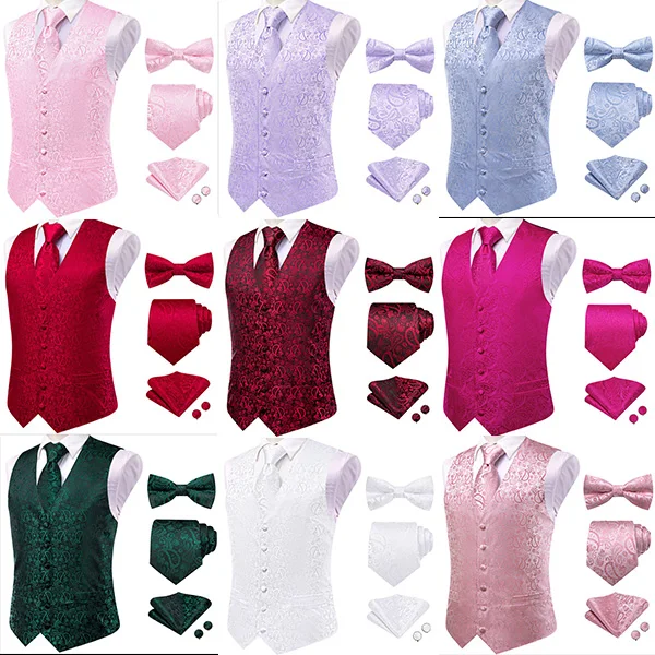VerveRow Multi‑Color Vintage Jacquard Men Wedding Waistcoat Set,Groom Party V‑Neck Vest With Tie Bow Handkerchief Cufflinks