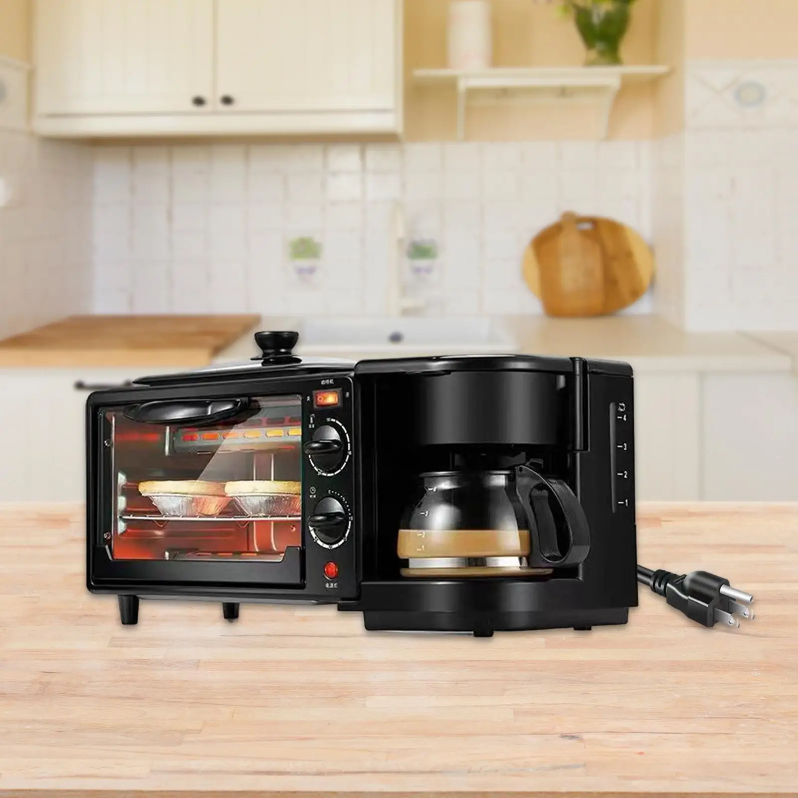 3 in 1 Breakfast Machine Toaster with Frying Pan Kitchen Appliances with Coffeemaker Non Stick Griddle for Egg Sausages Bread