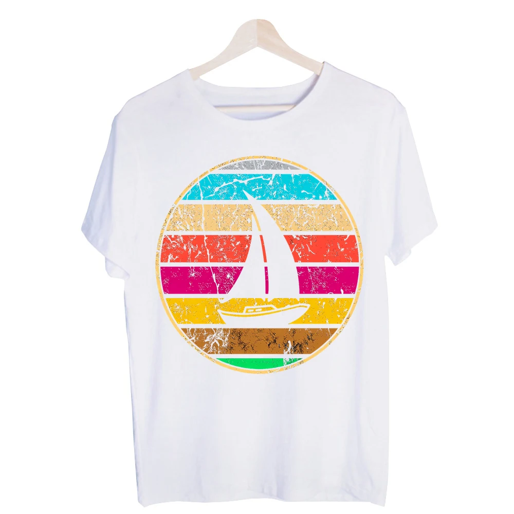 Men's Sailboat and Striped Sunset Graphic Tee, Vintage Style Short Sleeve T-Shirt for Summer Casual Wear and Beach Outfits