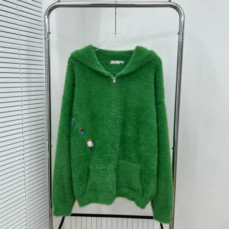 High Street Y2K Streetwear Men Furry Zip Hoodie Soft Plush Fabric Cartoon Embroidery Loose House of Errors Sweater Coat