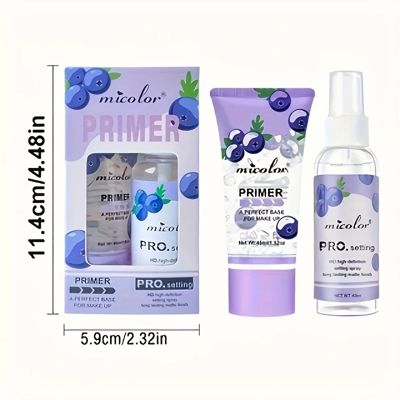 2-teiliges Blueberry Primer- und Setting-Sprühset – feuchtigkeitsspendende Make-up-Basis + langanhaltendes, mattes Finish