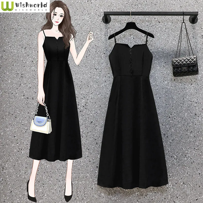 

Women's Suspender Dress 2023 New Spring/summer Korean Dress Retro Button Zipper Mid-length Waist Slim Black Skirt