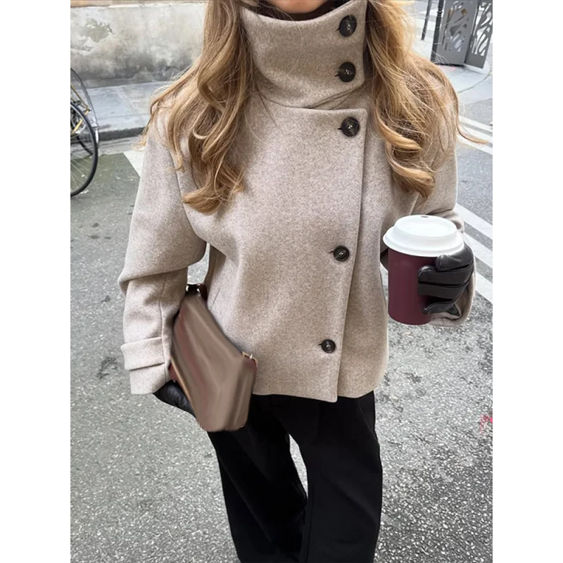 2026 Herbst Winter Neuankunft Damen Einfarbiger Mantel Langarm Stehkragen Oberbekleidung Täglicher Chic Damen Modejacke – Detail 6