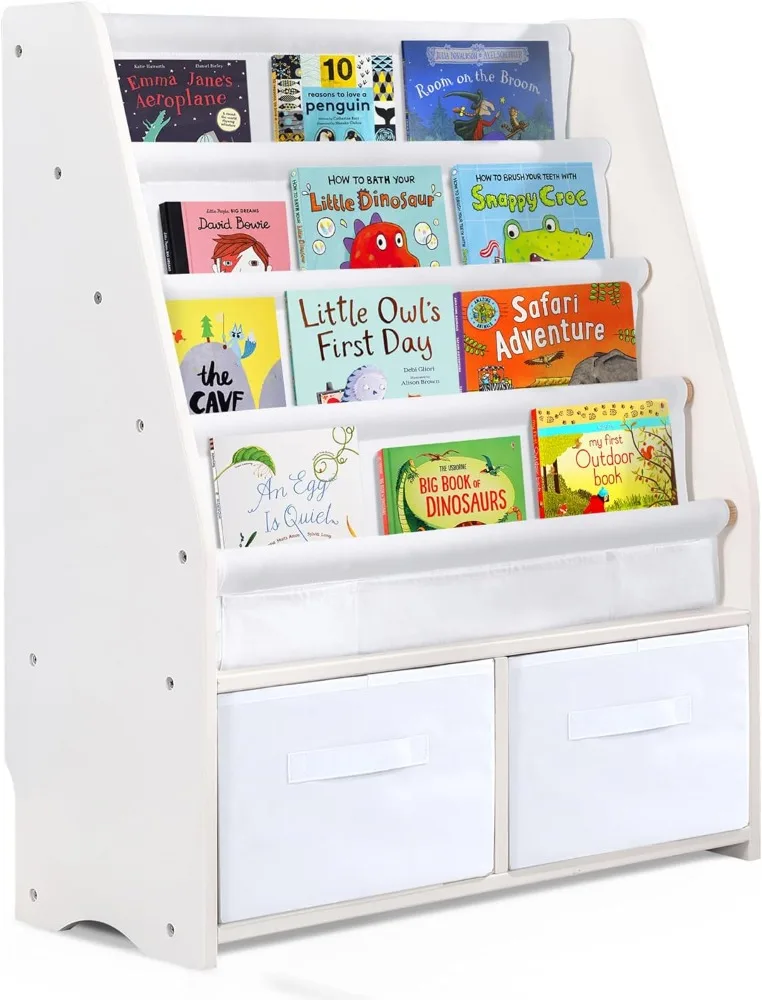 

MallBest Childrens Bookshelf Kids Sling Book Rack with Two Storage Boxes and Toys Organizer Shelves Natural Solid Wood Baby