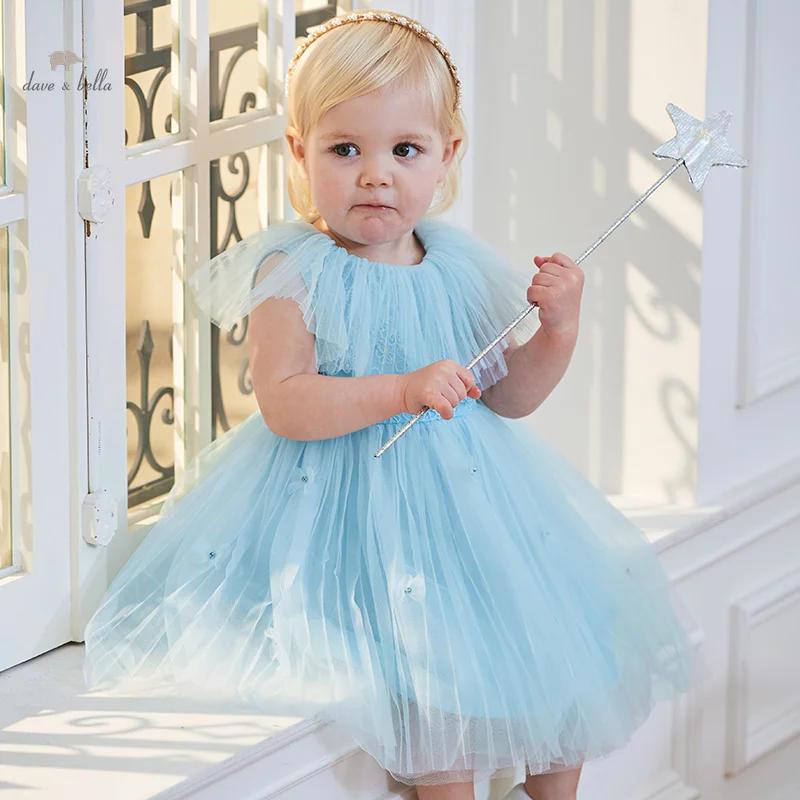 Dave Bella Girl's Princess Dress 2024 New Summer Children's Baby Sleeveless Blue Mesh Noble Cute Sweet Party DB2240779