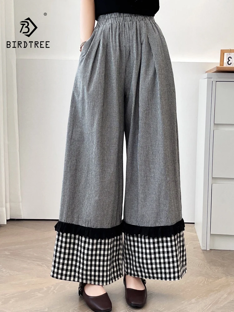 

New Summer Cotton Wide Leg Pants, Women Elastic Waist Plaid French Trouser, Mori Girl Sweet Retro Pants, 2024 Autumn B476100QC