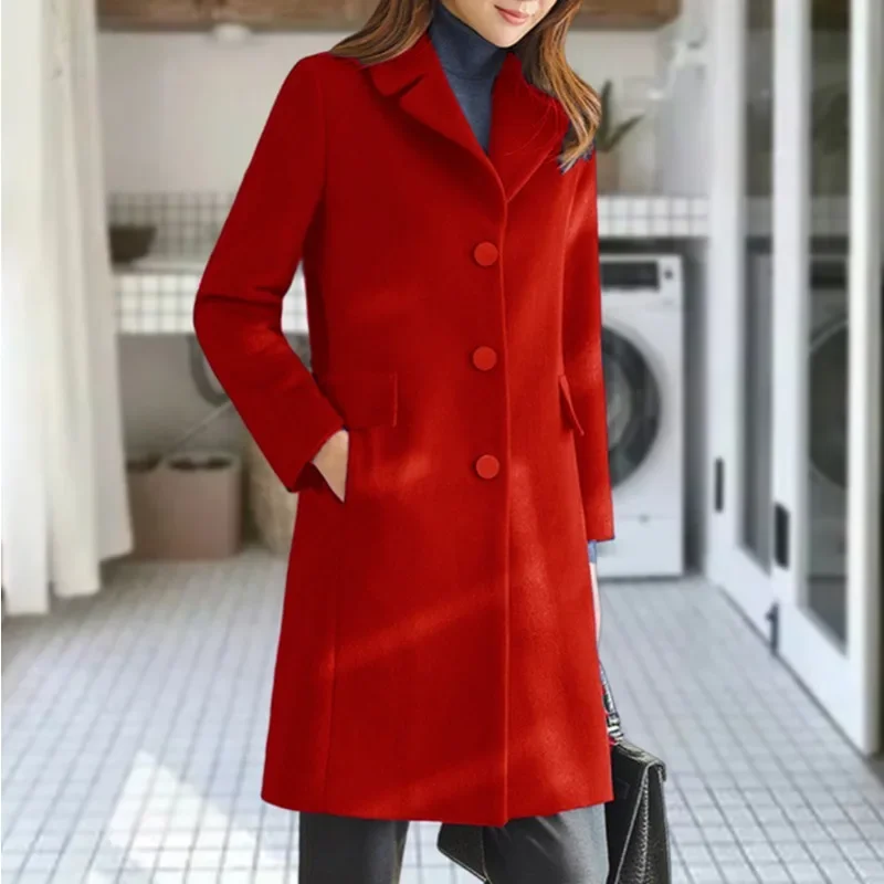 Women Long Sleeve Turn-down Collar Woolen Coat Women Solid Pocket Single-Breasted Straight Long Coat Autumn Winter Woolen Coat