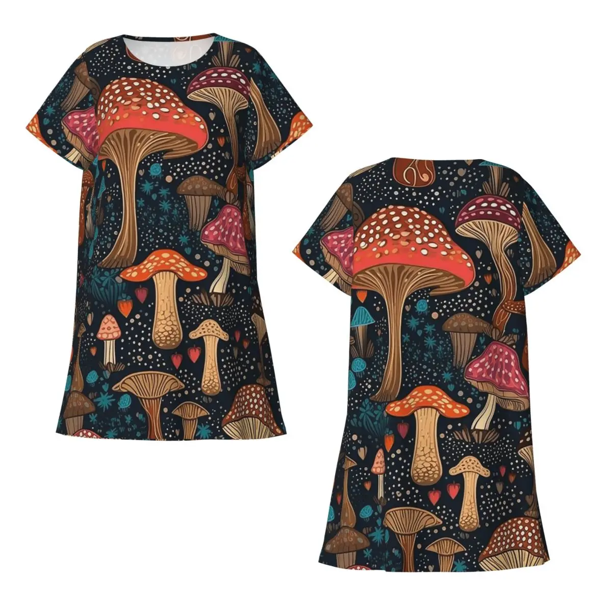 Psychedelic Magic Mushrooms Print Lava Short Sleeves Nightdress Sleeping Sleepshirts Women  Nightgowns Loose Pajama Dress