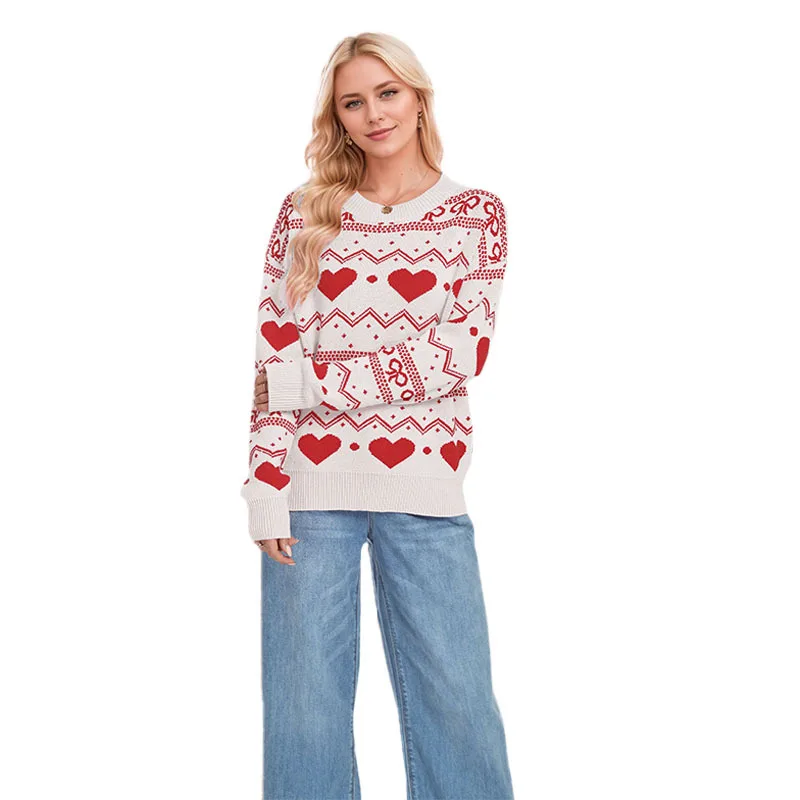 2025 New Fashion Printed Round Neck Knitted Sweater Women In Winter Casual Loose Christmas Love Long Sleeve Top For Women