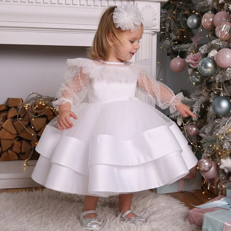 

White Flower Girl Dresses Tulle Puffy Tiered Polka Dot Skirt Long Sleeve For Wedding Birthday Party Holy Communion Gowns