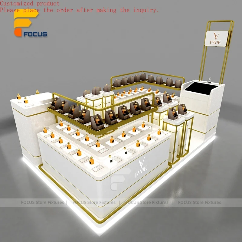 

Custom.Luxury Fragrance Display Stand Stainless Frame Glass Cabinet Lockable Counter Gold Trim Fixture Perfume Retail Store Desi
