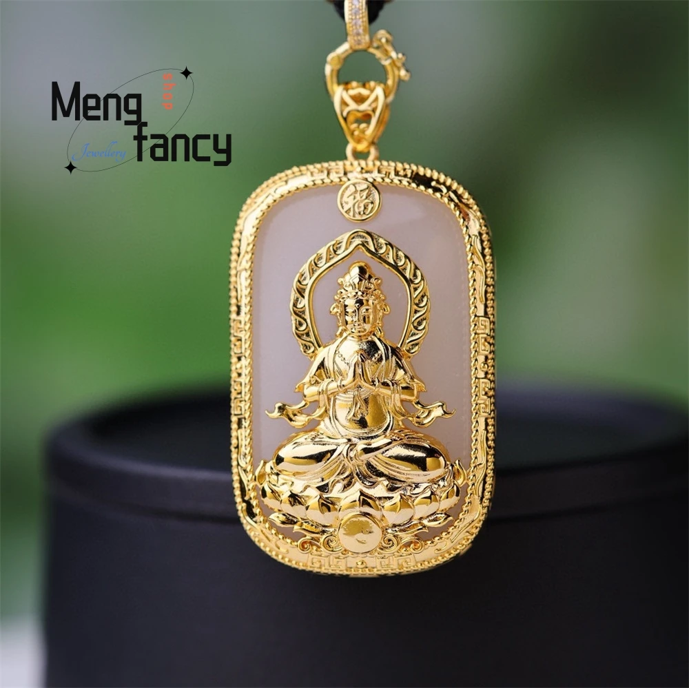 

Natural Golden Silk White Jade Ping An Knot Guanyin Zodiac Horse Copper Inlay Pendant National Style Couple Popular Fine Jewelry