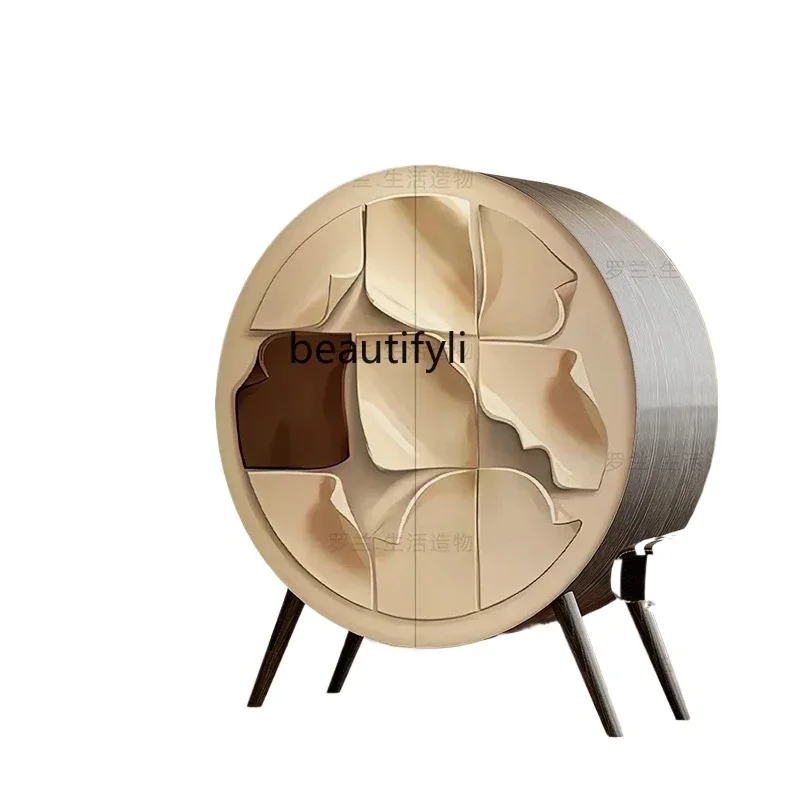 New French light luxury high-end round solid wood dining side cabinet household living room decoration vertical cabinet
