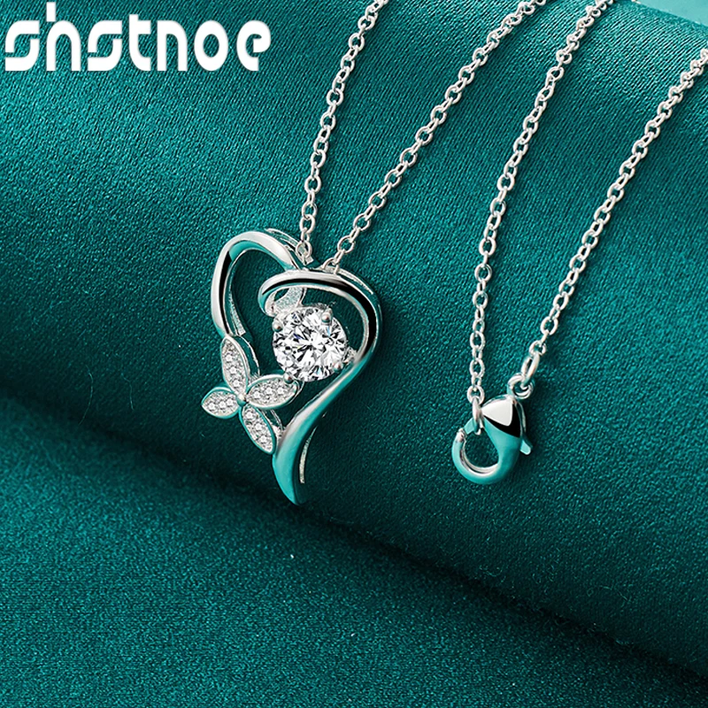 

SHSTONE 925 Sterling Silver Zircon Heart Flower Pendant Necklace 40cm-75cm Chain For Women Banquet Wedding Party Charm Jewelry