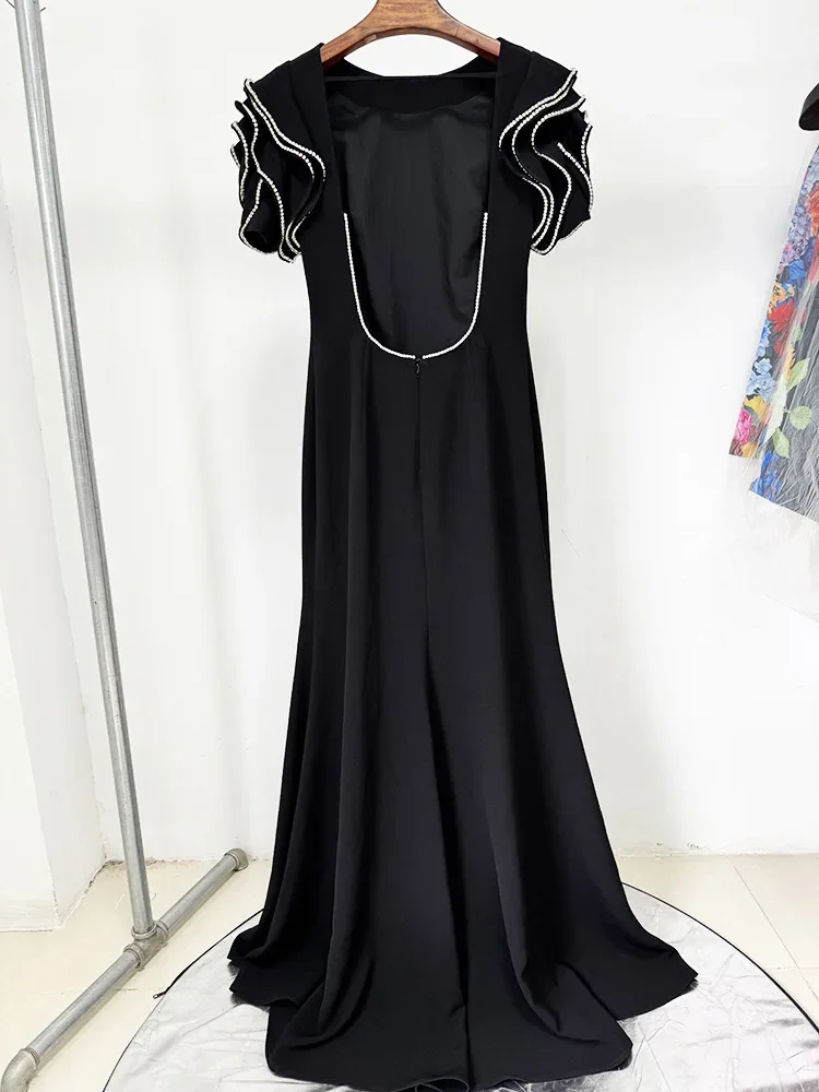 HIGH QUALITY Newest Fashion 2026 Designer Party Vestido Women's Diamonds Beading Lotus Leaf Sleeveless Backless Long Dress