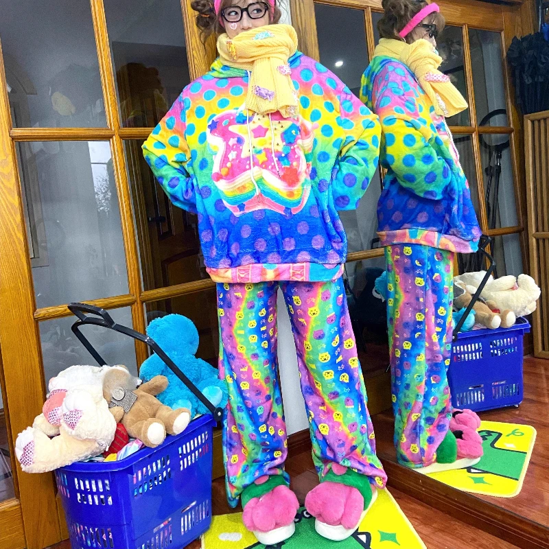 التصميم الأصلي Y2K الحيوان طباعة المرأة سراويل تقليدية النمط الياباني الخريف الشتاء جديد فضفاض الصوف مبطن سراويل طويلة السيدات #6